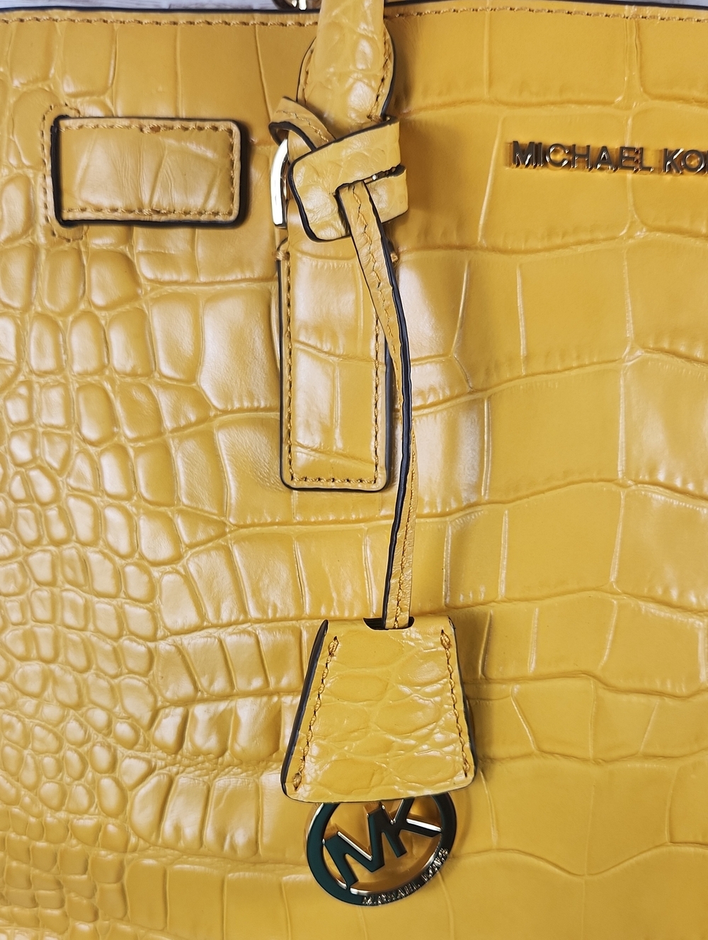Michael Kors Yellow Croc-Embossed Satchel with MK Charm and Several Compartments - Picture 3 of 10